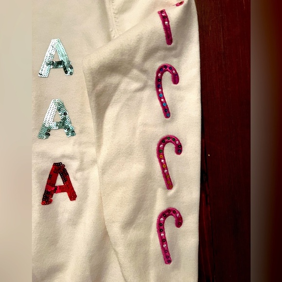 WHY DRESS Fa La La La Candy Cane Sequin Christmas Holiday Sweater White & Pink - Picture 3 of 11